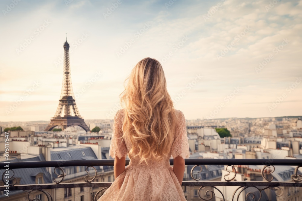 Beautiful blonde girl with Eiffel tower in Paris, France, Once in Paris. Back slim chic woman with long blond hair in dress on roof against Eiffel tower, AI Generated - obrazy, fototapety, plakaty 