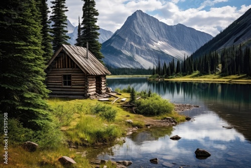 Mountain lake and wooden hut in Jasper National Park, Alberta, Canada, On the banks of the Wall Lake, rear view, Alberta, Canada, AI Generated