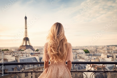 Beautiful blonde girl with Eiffel tower in Paris, France, Once in Paris. Back slim chic woman with long blond hair in dress on roof against Eiffel tower, AI Generated © Iftikhar alam