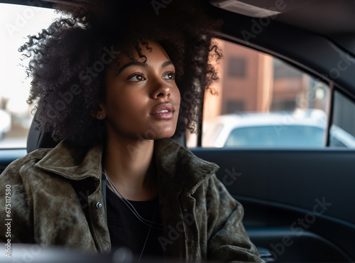 A young African American businesswoman is in the backseat of a car while looking out the window. photo