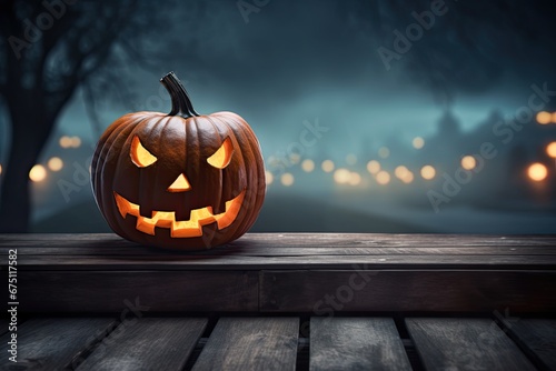 Halloween pumpkin on wooden table with foggy background. 3D Rendering, One spooky halloween pumpkin, Jack O Lantern, with an evil face and eyes on a wooden bench, AI Generated