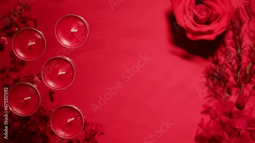 Composition of flowers, candles on pink background with water waves top view close-up. Wallpaper with flora aroma objects photo