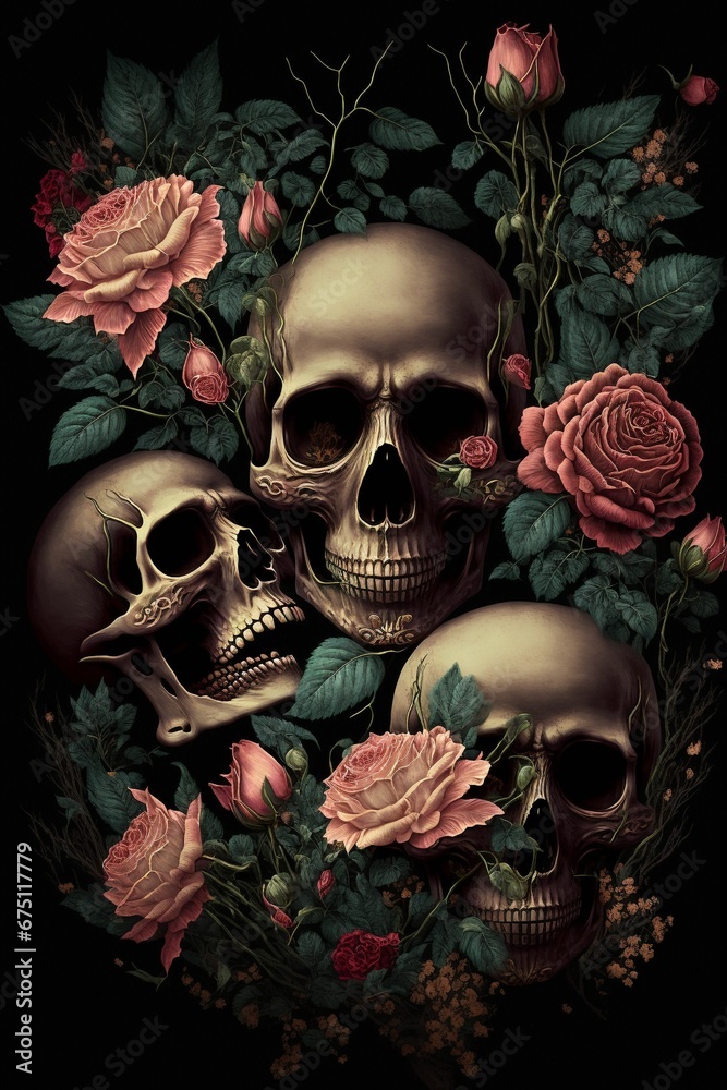 AI generated illustration of skulls with roses and leaves
