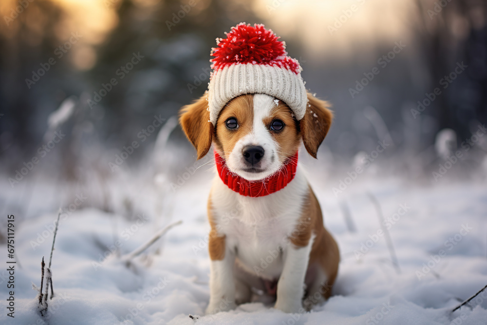 Sad lonely purebred puppy in a knitted red hat sitting in the forest on a winter day Sad lonely purebred puppy in a knitted red hat sitting in the forest on a winter day