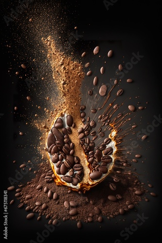 Cup of coffee with heart made out of coffee beans artwork on dark background © JetHuynh