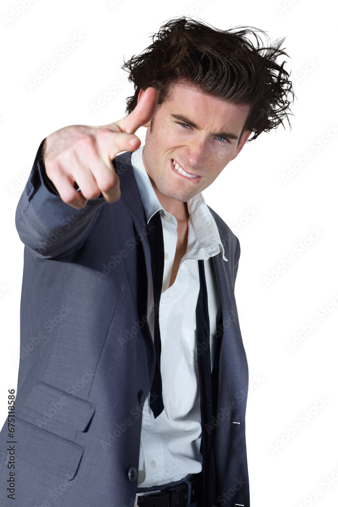 Business man, finger gun and portrait with messy suit, silly or mental health isolated on transparent background. Face, person or worker with clothes, hungover or untidy with hand gesture and png Business man, finger gun and portrait with messy suit, silly or mental health isolated on transparent background. Face, person or worker with clothes, hungover or untidy with hand gesture and png