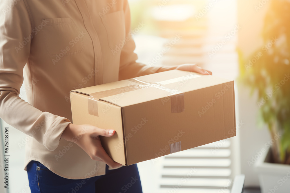 custom made wallpaper toronto digitalWoman Receiving and Unboxing Parcel at Home - Online Shopping Concept.