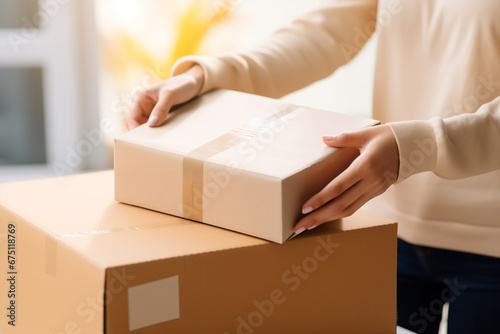 Woman Receiving and Unboxing Parcel at Home - Online Shopping Concept.