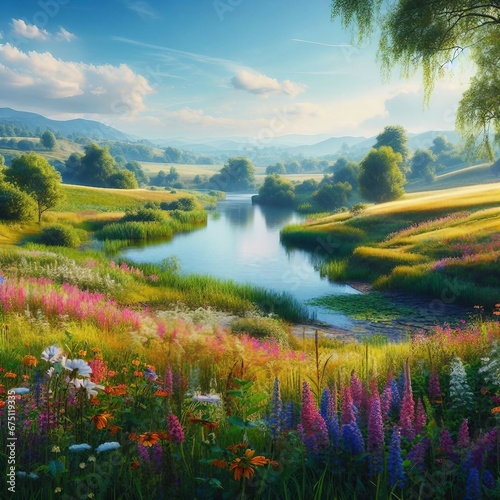 Tranquil Nature Reflects Multi-Colored Trees and Clouds over Fresh Meadow by Lake 