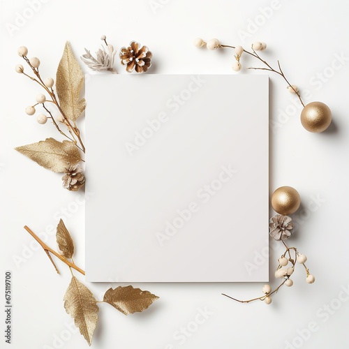 White blank paper greeting card with eco Christmas decorations  New year holidays festive mock up