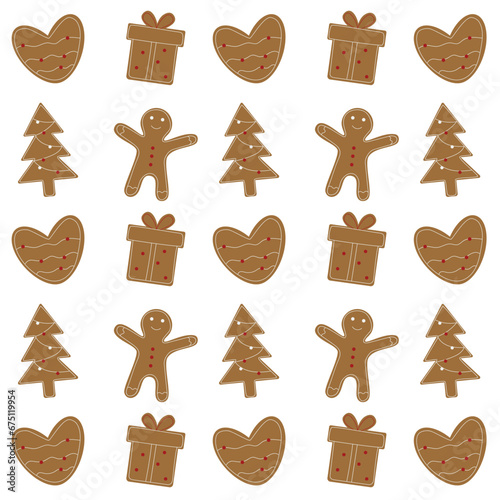 Vector pattern of Christmas gingerbread cookies on a white background