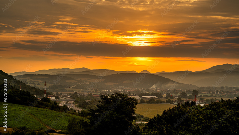 Scenic landscape with mountains during sunset in Trencin, Slovakia
