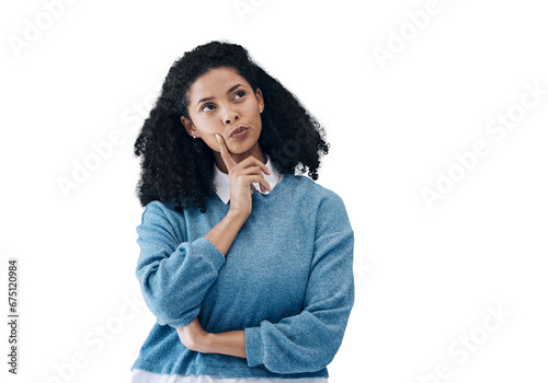 фотографія Woman, hand and thinking or thought idea for problem solving, solution or isolated on transparent png background