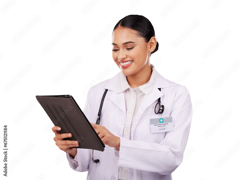 Doctor, woman and tablet for medical planning, clinic results and schedule or telehealth services. Professional healthcare worker or student scroll on digital technology on transparent PNG background Doctor, woman and tablet for medical planning, clinic results and schedule or telehealth services. Professional healthcare worker or student scroll on digital technology on transparent PNG background