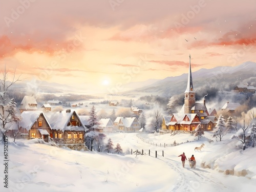 Verträumtes Dorf zur Winterzeit / Weihnachts Poster / 16:9 Breitbildformat Wallpaper / Frame TV Art / Ki-Ai generiert