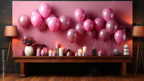 Pink fiesta banner on wooden floor with spotlight, confetti, balloons.