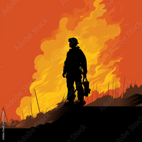 A basic silhouette of a firefighter battling flames. Flat clean cartoon 2D illustration style