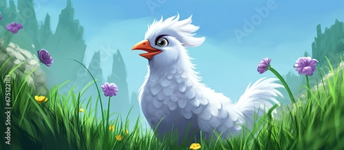 In the peaceful summer background of an isolated farm surrounded by lush green nature a delightful cartoon illustration of a white chicken comes to vibrant life with a touch of black color c