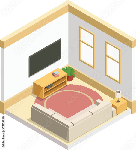 Isometric living room interior with furnitures & television