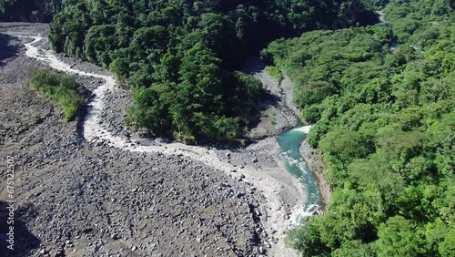Aerial Drone Flyover Parque Braulio Carrillo National Park and Rio Sucio Bridge, Costa Rica 4K photo