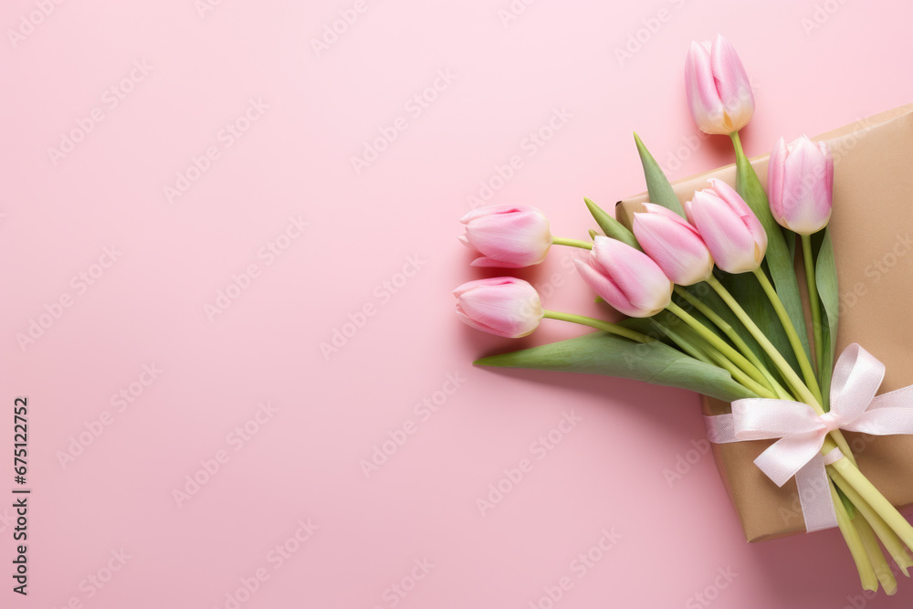 Beautiful bouquet of pink tulips wrapped in brown paper. Perfect for gifting or adding touch of elegance to any space. Beautiful bouquet of pink tulips wrapped in brown paper. Perfect for gifting or adding touch of elegance to any space.