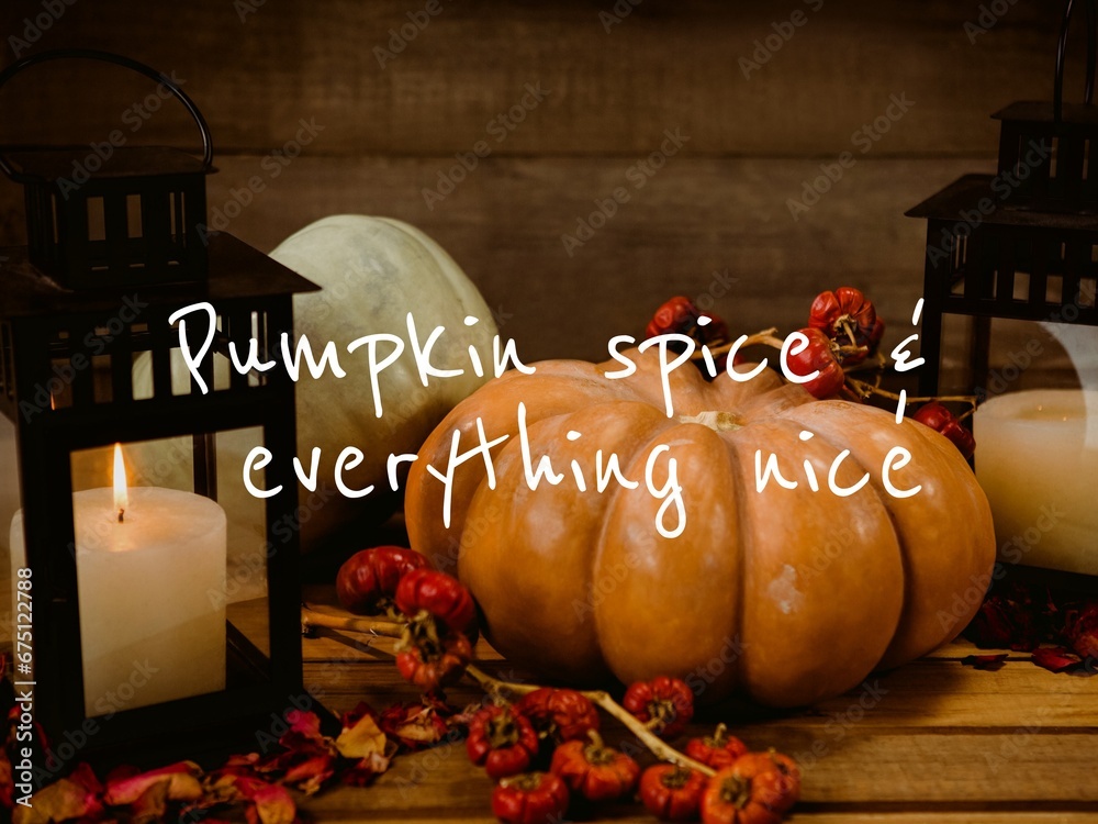 Naklejka premium Composite of pumpkin spice and everything nice text over pumkins