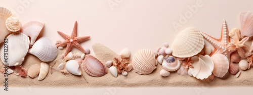Sea shells on sand background Copy space banner