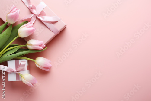 Beautiful bouquet of pink tulips accompanied by gift box, all set against pink background. Perfect for expressing love, gratitude, or celebrating special occasions. © vefimov
