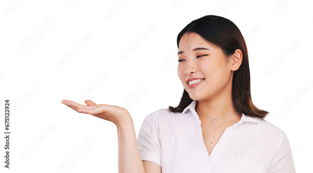 Advertising, promotion or woman with palm open for announcement, happy or wellness with smile. Young model person, japanese or sign with marketing deal or isolated on transparent png background Advertising, promotion or woman with palm open for announcement, happy or wellness with smile. Young model person, japanese or sign with marketing deal or isolated on transparent png background