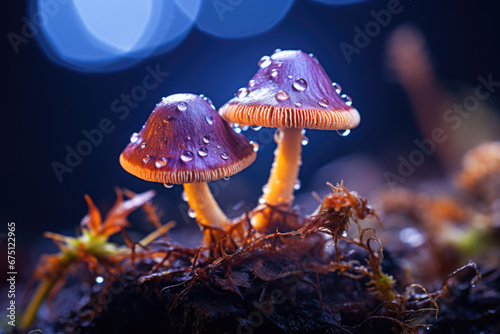 Couple of purple mushrooms sitting on top of moss covered ground. Perfect for nature and mushroom enthusiasts.