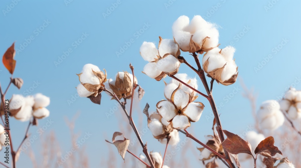 A blossoming organic white natural cotton plant in a sustainable field Scientific name: Gossypium A blossoming organic white natural cotton plant in a sustainable field Scientific name: Gossypium