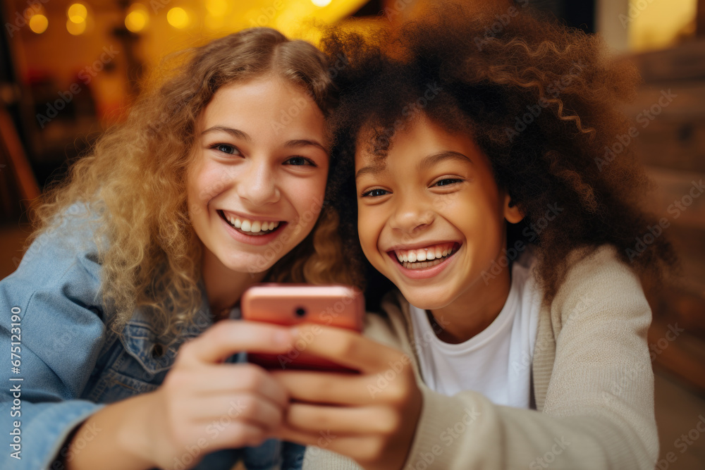 Two young girls are captured in this image as they take selfie together. Perfect for capturing moments of friendship and fun. Two young girls are captured in this image as they take selfie together. Perfect for capturing moments of friendship and fun.