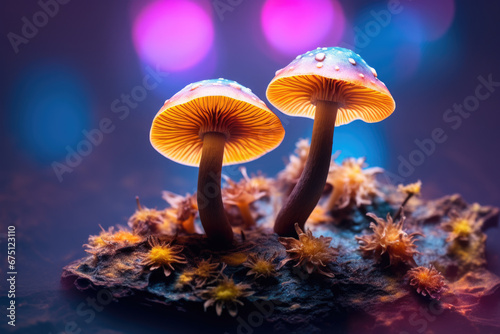 Couple of mushrooms sitting on top of pile of moss. This image can be used to represent nature, forest, ecology, or organic concepts.