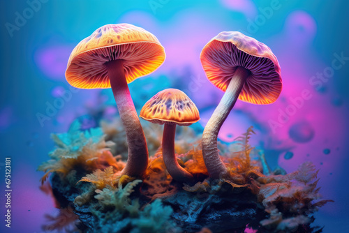 Couple of mushrooms sitting on top of pile of moss. Perfect for nature-themed designs and illustrations.