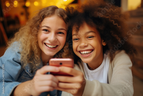 Two young girls are captured in this image as they take selfie together. Perfect for capturing moments of friendship and fun.
