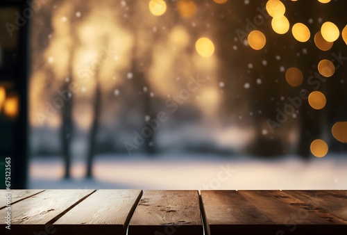 AI generated illustration of empty Wooden tabletop on snowy bokeh background