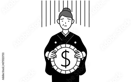 New Year's greeting and weddings, Senior woman in kimono an image of exchange loss or dollar depreciation