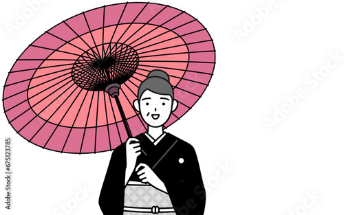 New Year's greeting and weddings, Senior woman in kimono is holding a Japanese umbrella with smile