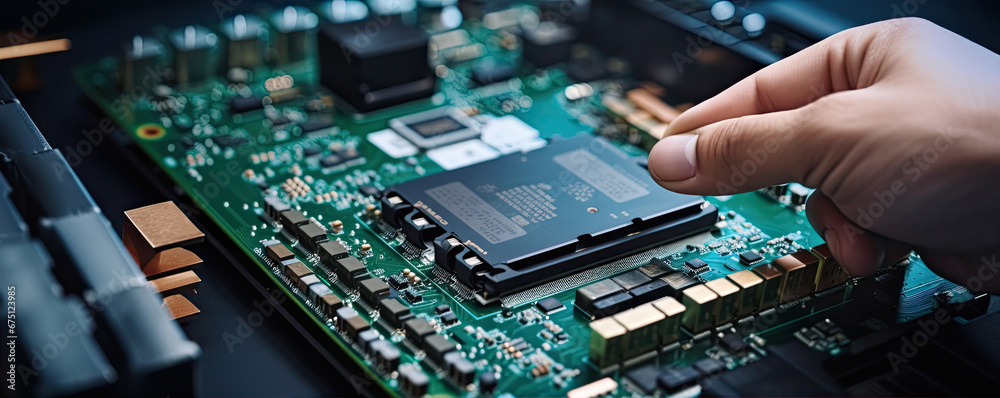 Obraz premium technician hands repairing the smartphone's motherboard in the lab with copy space.