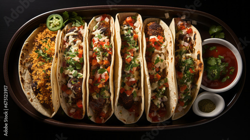 Top view Photo of Mexican tacos: :white solid background, generative ai