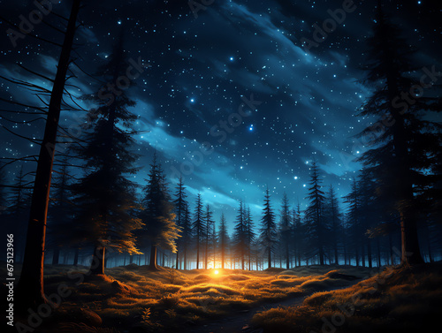 Beautiful night sky with the milky way and trees background, peaceful scene © Pemika