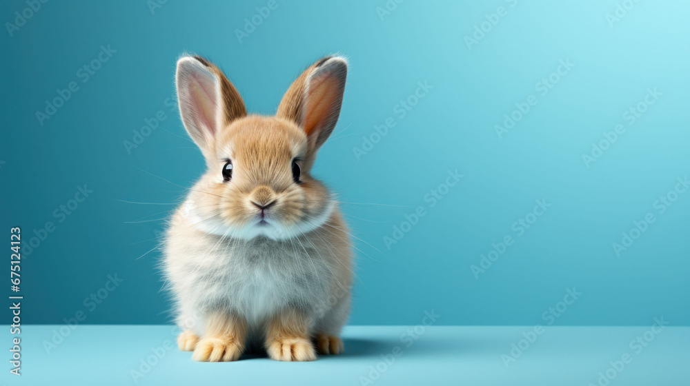 A solitary rabbit sits against a blue background, looking forward.
