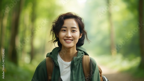A Chinese woman smiles at the camera against the background of a green forest in the morning.