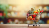 Food and groceries in shopping cart on wooden table with blurred market in the background,banner with copy space.