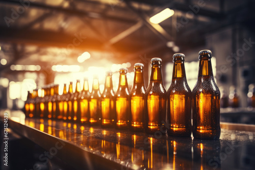 Bottles in a row Glass brown bottles of beer on conveyor belt with light  concept brewery plant production line.