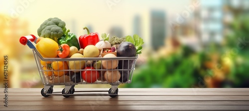 Food and groceries in shopping cart on wooden table with blurred market in the background banner with copy space.