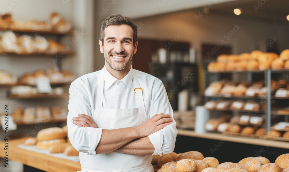 person man  in bakery , small business owner smile