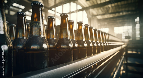 Glass bottle automatic production workshop,Bottling Plant,Automated and mechanised beer bottling plant,sunlight. photo