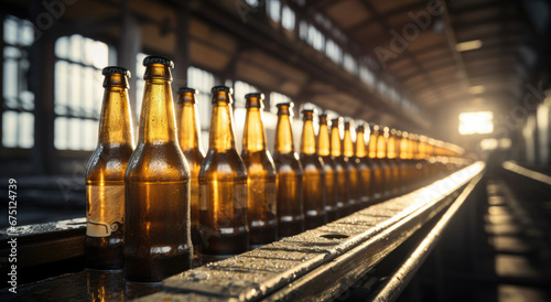 Glass bottle automatic production workshop Bottling Plant Automated and mechanised beer bottling plant sunlight.