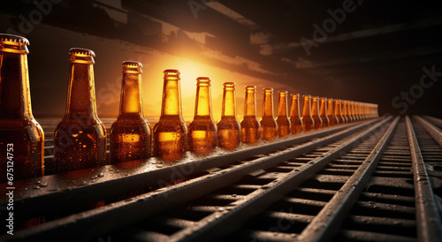 Glass bottle automatic production workshop Bottling Plant Automated and mechanised beer bottling plant sunlight.